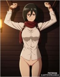 ai_generated attack_on_titan bondage captured defeat defeated domination exposed exposed_breasts exposed_pussy helpless helpless_female helpless_girl humiliated humiliating humiliation humiliation_fetish mikasa_ackerman restrained restrained_arms restraints tied tied_arms tied_hands tied_up