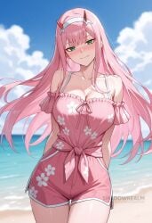 ai_generated arms_behind_back bare_shoulders beach blue_sky blush breasts cleavage closed_mouth cloud collarbone cowboy_shot darling_in_the_franxx day female floral_print green_eyes hairband horns large_breasts long_hair looking_at_viewer ocean off-shoulder_shirt off_shoulder outdoors pink_hair pink_shirt pink_shorts shadowrealmarts shirt short_shorts shorts sky smile solo thigh_gap thighs uncensored water web_address white_hairband zero_two_(darling_in_the_franxx)
