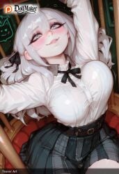ai_generated alisa_mikhailovna_kujou arm_up bangs black_neckwear black_ribbon blush bra_visible_through_clothes breasts dollmaker dollmaker_(artist) eyebrows_visible_through_hair female hair_between_eyes hair_ribbon heart large_breasts long_hair long_sleeves patreon_logo patreon_username ribbon see-through shirt sidelocks silver_hair skirt smile solo table tagme tokidoki_bosotto_russian_de_dereru_tonari_no_alya-san wet wet_clothes wet_shirt white_shirt