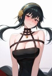 ai_generated artist_name bare_shoulders black_dress black_hair blush breasts cleavage closed_mouth collarbone covered_navel dress earrings female floating_hair flower gold_earrings gold_hairband hair_flower hair_ornament hairband jewelry large_breasts long_hair looking_at_viewer red_eyes rose shadowrealmarts sidelocks simple_background smile solo spy_x_family two-sided_dress two-sided_fabric uncensored upper_body white_background yor_briar