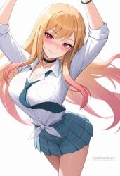 ai_generated arms_up artist_name bead_bracelet beads black_choker blonde_hair blue_necktie blue_skirt blush bracelet breasts choker cleavage closed_mouth collarbone collared_shirt ear_piercing earrings female gradient_hair jewelry kitagawa_marin large_breasts long_hair long_sleeves looking_at_viewer miniskirt multicolored_hair necktie piercing pink_hair plaid plaid_skirt pleated_skirt red_eyes school_uniform shadowrealmarts shirt simple_background skirt smile solo sono_bisque_doll_wa_koi_wo_suru thighs tied_shirt uncensored white_background white_shirt
