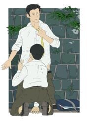 10s 2014 2boys ass asu-kam black_hair clothed_sex fellatio flat_colors formal_wear gay kneeling light_skin male male_only original out_of_frame outdoors school_uniform suit_and_tie tagme yaoi yellow_tie