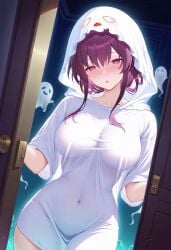 :o ai_generated alternate_costume blush breasts covered_navel cowboy_shot doorway female ghost ghost_costume halloween halloween_costume hood indoors kafka_(honkai:_star_rail) large_breasts long_hair looking_at_viewer open_door open_mouth purple_eyes purple_hair see-through see-through_silhouette shadowrealmarts shirt short_sleeves sidelocks solo thighs uncensored