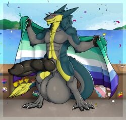 absurd_res animal_genitalia anthro balls big_balls big_penis brom_(sahurus) erection fangs fillinek flag fur genitals green_body green_fur grey_body grey_fur happy hi_res huge_balls huge_cock hyper hyper_balls hyper_genitalia hyper_penis knot knotted_penis lgbt_pride male muscular muscular_male pawpads paws penis pride_colors sergal smile solo tail tail_tuft teeth tuft yellow_body yellow_fur