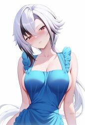 ai_generated apron arlecchino_(genshin_impact) bare_shoulders black_eyes black_hair blue_apron blush breasts cleavage collarbone female frills genshin_impact hair_between_eyes large_breasts long_hair looking_at_viewer multicolored_hair naked_apron parted_lips red_pupils shadowrealmarts simple_background solo streaked_hair symbol-shaped_pupils uncensored upper_body white_background white_hair x-shaped_pupils