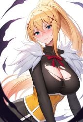 ai_generated black_bodysuit blonde_hair blue_eyes blush bodystocking bodysuit braid breasts cleavage closed_mouth darkness_(konosuba) female hair_between_eyes hair_ornament konosuba large_breasts long_hair looking_at_viewer ponytail red_ribbon ribbon shadowrealmarts sidelocks simple_background smile solo torn_clothes uncensored very_long_hair white_background x_hair_ornament