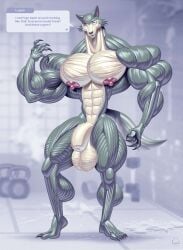 2024 abs animal_genitalia anthro artist_name ball_tuft balls beastars biceps big_balls big_biceps big_genitalia big_muscles big_nipples big_pecs big_penis biped black_finger_claws black_nose black_toe_claws blue_arms blue_body blue_ears blue_feet blue_legs blue_tail blue_text blurred_background canid canine canis countershade_face countershade_torso countershading digital_drawing_(artwork) digital_media_(artwork) dumbbell english_text exclamation_point eyebrow_scar eyebrows facial_scar feet flaccid fully_sheathed genitals gym hi_res huge_muscles humanoid_feet hyper hyper_muscles legoshi_(beastars) looking_at_viewer male mammal muscular muscular_anthro muscular_arms muscular_biceps muscular_legs muscular_male muscular_thighs neck_muscles nipples nude nude_anthro nude_male obliques open_mouth pecs penis pink_inner_ear pink_nipples plantigrade pronounced_browridge scar serratus shadow sharp_teeth sheath signature solo speech_bubble standing tail talking_to_viewer tan_body tan_countershading tan_face teeth text thick_arms thick_neck thick_thighs trapezius tuft weights white_speech_bubble wolf wolfiecanem