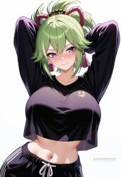 ai_generated alternate_costume arms_behind_head arms_up artist_name black_pants black_shirt blush breasts closed_mouth crop_top crop_top_overhang drawstring female green_hair hair_between_eyes hair_ornament kuki_shinobu large_breasts long_sleeves looking_at_viewer midriff navel pants patreon_username ponytail purple_eyes shadowrealmarts shirt simple_background smile solo stomach tassel uncensored white_background