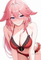 ai_generated animal_ears bare_shoulders bikini blush breasts cleavage closed_mouth collarbone cowboy_shot earrings female floppy_ears fox_ears frilled_bikini frills hair_between_eyes large_breasts leaning_forward long_hair looking_at_viewer navel pink_hair purple_eyes red_bikini shadowrealmarts simple_background smile solo stomach swimsuit thighs uncensored very_long_hair white_background yae_miko