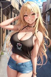 1girls ai_generated ai_love_higokko alternate_eye_color blonde_hair blush booty_shorts breasts city female gold_eyes gyaru holaraai huge_breasts kitagawa_marin light-skinned_female light_skin long_hair looking_at_viewer mommy outdoors short_shorts shorts smile sono_bisque_doll_wa_koi_wo_suru stable_diffusion tank_top