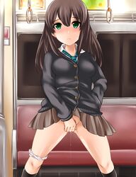 blush brown_hair cardigan censored female fingering green_eyes highres idolmaster idolmaster_cinderella_girls long_hair looking_at_viewer masturbation necktie panties panties_around_leg pussy pussy_juice seat shibuya_rin skirt skirt_lift solo spread_legs subway underwear yoshimo