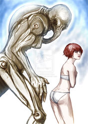 1girls alien alien_(franchise) bra brown_hair clothing dochyde elizabeth_shaw female female_human from_behind human inenarrable interspecies legs_together matching_underwear panties prometheus short_hair size_difference space_jockey white_bra white_panties