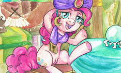 bcs blue_eyes crystal_ball cutie_mark earth_pony equine female female_only feral friendship_is_magic fur hair hat hooves mammal my_little_pony open_mouth pink_fur pink_hair pinkie_pie_(mlp) pony pussy scarf sitting smile solo tagme tail