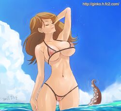 1girls 2011 areola bikini breasts brown_eyes brown_hair busty censored cleavage curvaceous female ginko_(silver_fox) highres human imminent_rape large_breasts light-skinned_female light_skin long_hair lupin_iii mine_fujiko navel nipples ocean octopus partially_submerged pussy sea swimsuit tentacle voluptuous