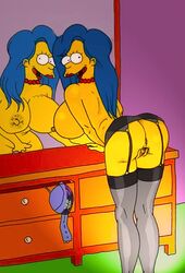 anus ass bad_reflection bent_over blue_hair bra breasts color exposed_breasts female female_only hair hair_down human indoors long_hair looking_back marge_simpson mirror mouth open_eyes open_mouth pussy reflection round_ears skin solo stockings the_simpsons vulva yellow_skin