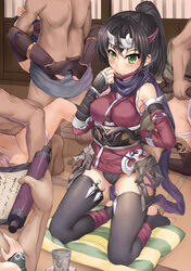 463_jun 4boys 5girls absurdres arm_grab armor black_hair black_legwear blush breasts cum cum_in_pussy cup doggy_style forehead_protector gloves green_eyes group_sex highres jewelry kunai leg_lock multiple_boys multiple_girls ninja orgy original ponytail ring scarf scroll sex sitting sweatdrop thighhighs tied_hair toeless_legwear wariza weapon