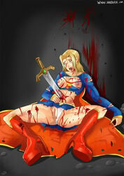 beige_skin bleeding blood blood_splatter blood_stain bloody_clothes bloody_sword breasts cape clothes color dc death female female_death female_only front_view gore gunshot guro impalement incision injury nipples puncture pussy shadman solo stained_clothes supergirl sword torn_clothes weapon wound