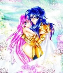 1girls athena_(saint_seiya) breasts female goddess long_hair male purple_hair saint_seiya saori_kido scorpio_milo shounen_jump