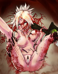 after_sex anus avulsion blood blood_splatter blood_stain bone breasts bruised color cum cum_in_anus cum_in_pussy cum_on_eye exposed_breasts female female_only front_view gore guro hair injury laceration league_of_legends looking_at_viewer myrrh_(artist) nightmare_fuel nude on_back open_eyes pain pussy riven short_hair solo still_alive stitches sword undead weapon white_hair wound yellow_eyes zombie