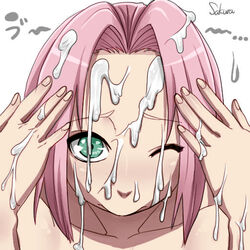 ... 1girls blush blushing cum cum_in_hair cum_on_face female green_eyes human konakona looking_at_viewer naruto one_eye_closed pink_hair sakura_haruno