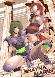 1girls armor breasts duo eagle_marin female human large_breasts long_hair looking_at_viewer mask neutral_mask ophiuchus_shaina pale-skinned_female pale_skin red_hair saint_seiya sanctuary shounen_jump silver_saints tagme thick_thighs wide_hips