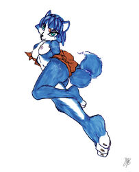 anthro barefoot black_nose blackberry blue_fur blue_hair breasts claws closed_mouth clothes color female female_only fox fur furry furry_breasts furry_ears furry_tail hair krystal nipples open_eyes pointy_ears short_hair solo star_fox tail white_background white_fur