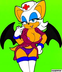 bat blue_eyes breasts cameltoe cleavage erect_nipples female kaijufreak large_breasts nipple_slip nurse nurse_uniform panties purple_panties rouge_the_bat solo sonic_(series) tagme wings