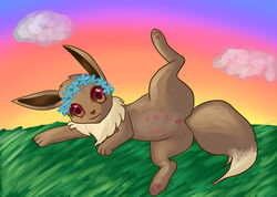 brown_fur brown_nose closed_mouth color day eevee female female_only flower front_view fur furry_ears furry_tail gokai-chibi grass looking_at_viewer lying nipples nude on_side open_eyes outdoors pointy_ears pokemon pussy raised_leg red_eyes sky smile solo tail uncensored vulva