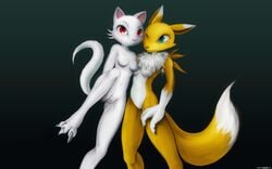 anthro barefoot breasts claws closed_mouth color darkdoomer digimon female female_only fur furry furry_tail interspecies kittie multiple_females nude open_eyes red_eyes renamon standing tagme tail teal_eyes wink