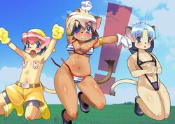 3girls alicia_pris bandai_namco bikini cat cat_girls cat_humanoid catgirls eye_patch flare_pris multiple_girls sisters stare_pris swimsuit tagme tail_concerto wardrobe_malfunction