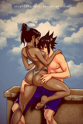 1boy 1girls ass avatar_legends bikini blue_eyes brown_eyes brown_hair crossover dark-skinned_female dark_hair dark_skin eastern_and_western_character female human interracial korra male medium_breasts naruto r3ydart sasuke_uchiha straight straight_hair swimsuit the_avatar the_legend_of_korra thong thong_bikini water_tribe