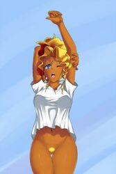 1girls blonde_hair blue_eyes breasts dark-skinned_female dark_skin female female_only long_hair mihoshi_kuramitsu pubic_hair pussy solo tagme tenchi_muyo! vagina wink