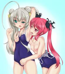 2girls ahoge aqua_eyes arm_up armpit_licking armpits blush breast_grab breasts cthugha cthugha_(nyaruko-san) double_bun female fingerless_gloves gloves hair_ribbon haiyore!_nyaruko-san high_resolution kishimen licking long_hair multiple_girls nipples nyarlathotep_(nyaruko-san) nyaruko one-piece_swimsuit open_mouth pussy_juice red_eyes ribbon silver_hair swimsuit swimsuit_aside swimsuit_pull tied_hair tongue tongue_out twintails very_long_hair yuri