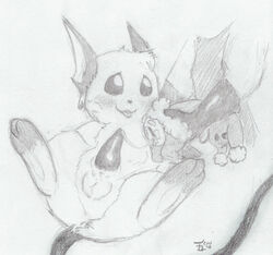 after_sex azumarill blush chuu cum female feral fur interspecies male monochrome nude penis pokemon pokemon_(species) raichu size_difference sketch tagme testicles