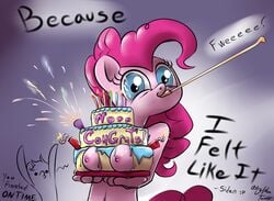 anthro blue_eyes breasts cake earth_pony equine female food friendship_is_magic front_view fur hair holding mammal my_little_pony nipples pink_fur pink_hair pinkie_pie_(mlp) pony siden straight_hair tagme tail text