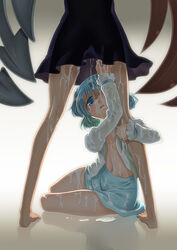 2girls bare_legs barefoot blue_eyes blue_hair bukkake cum cum_on_body dress kogasa_tatara leg_hug legs mizuki_hitoshi multiple_girls nue_houjuu reflection short_hair touhou wings