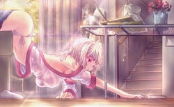 1girls arched_back ass bare_shoulders breasts cellphone cute day fate/kaleid_liner_prisma_illya fate_(series) female flower flying_sweatdrops hanging_breasts highres hourai_no_hangentsuki indoors jeans large_breasts leysritt messy_hair open_mouth panties pants_down phone poster_(object) reaching red_eyes side-tie_panties slippers solo sparkle sweatdrop top-down_bottom-up underwear white_hair white_panties