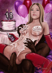 18th_birthday 1boy 1girls 2012 antumbrae areolae balloon balloons balls big_penis birthday_cake birthday_party blonde_hair breast_grab breasts cake celebrity dakota_fanning dark-skinned_male dark_skin duo elbow_gloves female female_on_top gloves hairless_pussy human interracial large_breasts latex long_hair looking_at_viewer male nipples nude penis pussy reverse_cowgirl_position sex solo_focus straight thighhighs unseen_male_face vaginal_penetration veiny_penis whipped_cream whipped_cream_on_breasts