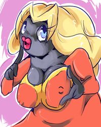 black_skin blonde_hair blue_eyes breasts clothing color covered_breasts dress female female_only hair jynx long_hair nintendo open_eyes pokemon pokemon_(species) shameless solo