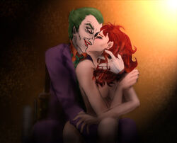 1boy 1girls barbara_gordon batman_(series) clothed_male_nude_female dc dc_comics female green_hair joker kissing male nude_female oracle red_hair straight wickedwonka13