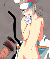 blush cat_tail censored disembodied_penis emmet_(pokemon) eyelashes gay gloves grey_eyes grey_hair hat imminent_sex male male/male nipples offscreen_character penis pokemon seductive simple_background subway_boss tagme thick_eyelashes undressing