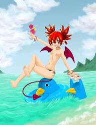 aicara cute_fang disgaea earring etna navel nipples open_mouth pointy_ears prinny red_eyes red_hair short_hair small_breasts spade_tail tail topless wings wink