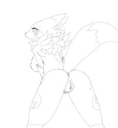 anthro anus ass back_view breasts digimon female female_only fukami fur furry furry_ass looking_back monochrome raised_tail renamon solo tagme tail vulva