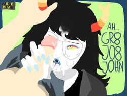 1boy 1girls after_sex black_hair blue_lips blue_nails clothing cum dialogue facial fangs glasses green_background grey_skin handjob homestuck horn_grab horns john_egbert long_hair ms_paint_adventures naked nosedive open_mouth penis straight text tongue_out troll vriska_serket white_skin yellow_eyes