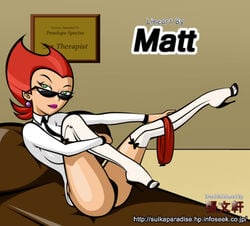 1girls black_panties danny_phantom fluffy_(artist) green_eyes heels high_heels legwear lipstick looking_over_eyewear looking_over_glasses looking_over_sunglasses maniacal_carrot matt_smith nickelodeon penelope_spectra red_hair spartacus13 stockings sunglasses tinted_eyewear undressing