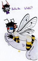 2boys antennae ass bee black_hair closed_eyes clothing dialogue facepaint forked_tongue gamzee_makara gay gloves grey_skin homestuck horns licking_penis male_only ms_paint_adventures pandemoniumincarnate penis pointy_ears precum short_hair size_difference sollux_captor stockings text tongue_out troll white_background wings