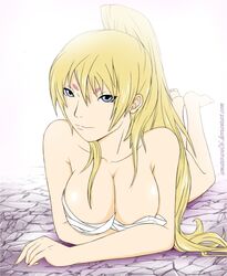 1girls blonde_hair breasts crane_yuzuriha evildei female human large_breasts long_hair lying saint_seiya saint_seiya:_the_lost_canvas silver_saints solo towel