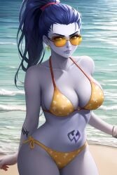 1girls ai_generated beach big_breasts blizzard_entertainment blue_hair blue_skin clothed_female cowboy_shot female female_focus large_breasts overwatch ponytail print_bikini stable_diffusion standing tagme tattoo widowmaker yellow_sunglasses