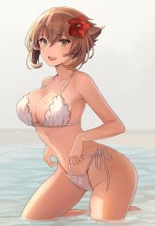 1girls bare_arms bare_shoulders beach bikini breasts brown_hair cleavage collarbone eyebrows_visible_through_hair female female_focus female_only flower green_eyes hair_between_eyes hair_flower hair_ornament happy kantai_collection kasumi_(skchkko) large_breasts looking_at_viewer mutsu_(kantai_collection) navel open_mouth red_flower sea seaside short_hair side-tie_bikini sky smile solo solo_female solo_focus swimsuit white_bikini