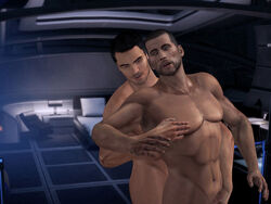 2boys 3d 3d_(artwork) bara commander_shepard duo_focus erect_nipples facial_hair gay groping_from_behind kaidan_alenko male male/male male_only maleshep mass_effect nipple_play no_visible_genitalia nude reach_around tagme xnalara